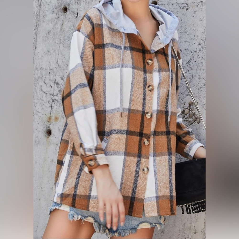 Ultra Flirt Brown Plaid Hooded Shirt-Size XL